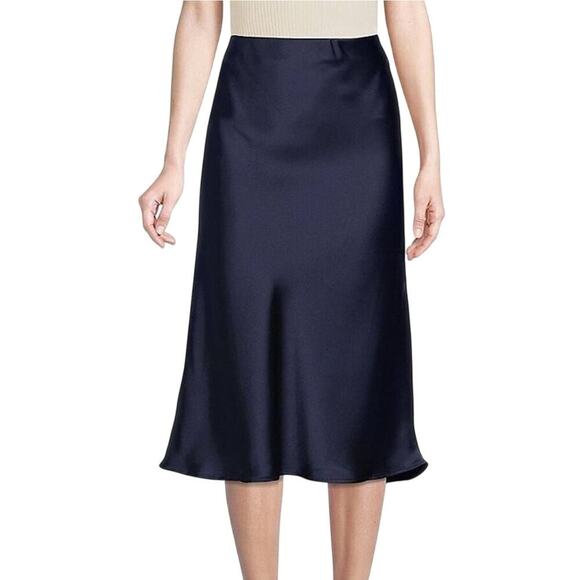 New Ralph Lauren Navy 100% Silk Flowy Midi Skirt 12 Petite - Picture 1 of 4